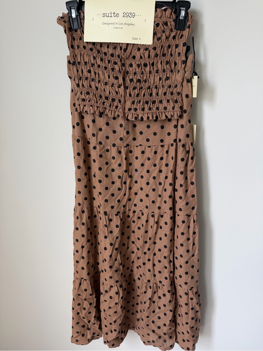Brown black Polka Dot linen cotton Maxi Skirt and strapless top two piece set